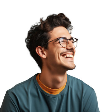A smiling and confident young man with glasses looking away with a natural expression