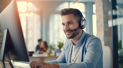 Portrait young man using a headset and computer in a modern offi