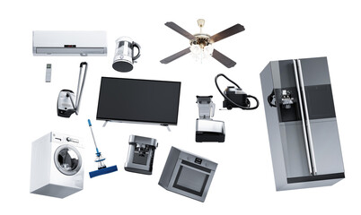 Home appliances flying in the air 3D render on grey background Group of black refrigerator washing machine stove microwave oven vacuum cleaner isolated on white background 3d