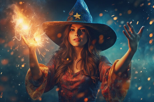 Illustration of young witch in hat with fire in hands on Halloween holiday
