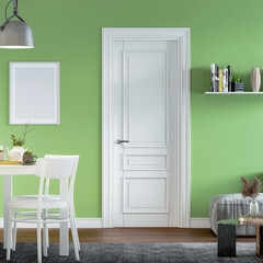 family living room with bathroom door and plaster walls and wooden floor, living room with sofa , wall shelf , dining table white door with carpet interior design concept , 3d illustration