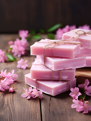 Natural homemade soap with pink blossom flowers aroma, wooden table 