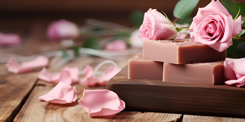 Homemade soap with pink roses aroma on wooden table