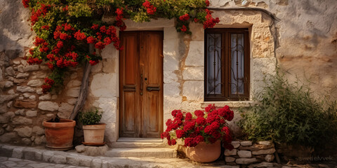 Fototapeta na wymiar Red blooming roses and old wooden door in summer, Charming floral decorated streets of medieval towns of Italy, Beautiful wedding altar made of garland of spearworts and greene ,generative AI 