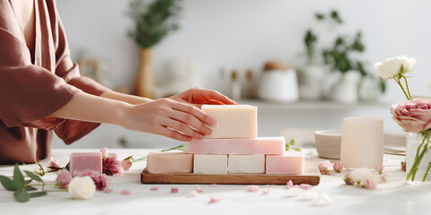 Close up of woman's hands making natural homemade soap at home, white table and blurred background