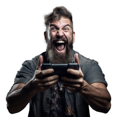 Fototapeta na wymiar Happy bearded man gamer playing video game on phone celebrating victory indoor studio shot on transparent background