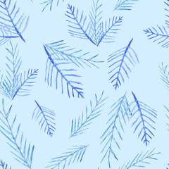 Watercolor seamless pattern with lots of blue frost fir tree branches as winter christmas x-mas new year party background wrapping paper.