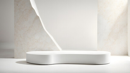 White stone podium for product presentation and showcase. Background scene for cosmetic branding. - obrazy, fototapety, plakaty