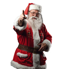 Santa Claus makes a statement on a transparent background wearing glasses and a red outfit in a medium long shot