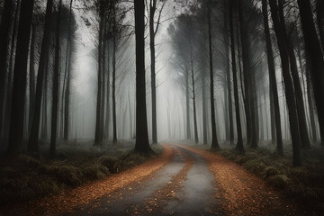 A wet road to a mystical forest in a mysterious autumn fog