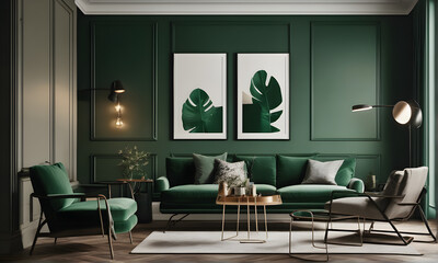 Beautiful room decorated in modern green dark green living room interior