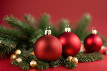 Fototapeta na wymiar Christmas tree balls on green branches on a red background. Christmas mood