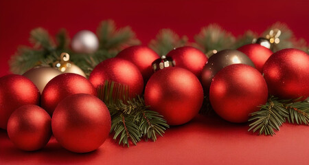 Fototapeta na wymiar Photo of New Year's balls on a red background. Christmas mood
