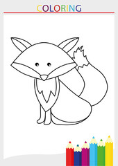 Children's coloring page fox red sly blank line drawing in a frame with pencils illustration