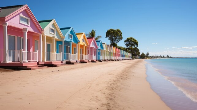 Cheerful colorful beach houses by the sea. Generative AI.
