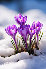 Fototapeta na wymiar Crocuses vibrant purple flowers emerging from the snow blooming in early spring with room for text 