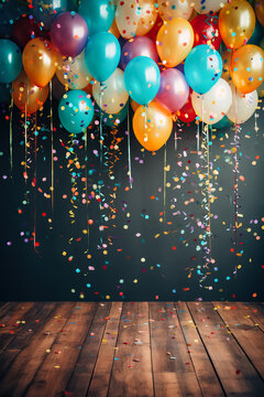 Colorful balloons and confetti against a backdrop of wood 