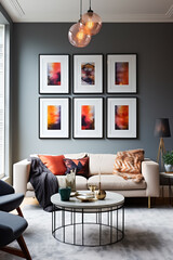 Gray wall adorned with various-sized framed photos 