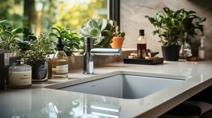 Clean and modern kitchen sink with shiny chrome faucet. Generative AI.