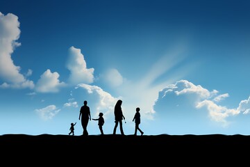 Silhouette of walking family under blue sky and cloud