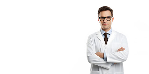 Male doctor in white coat and glasses isolated on white background looking at the camera with space for text