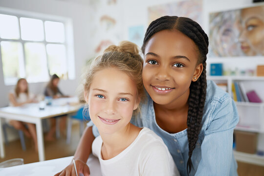 European-looking girl and a ten-year-old afro-american girl sit at a table in a white, sunny classroom at a European learning center.
