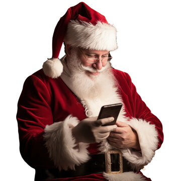 Santa uses his cell phone to communicate and engage with technology during the festive season