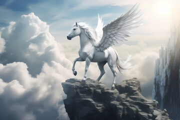 Obraz na płótnie Canvas White pegasus unicorn in a rock cliff high above the clouds