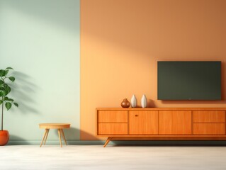 Interior background. Peach colour. Living room interior, TV, chair.