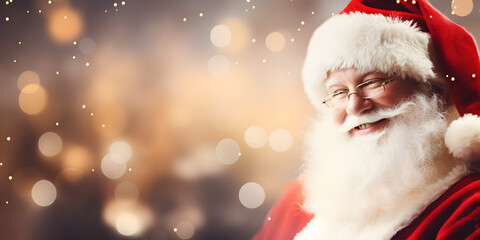 Banner of Santa Claus on defocused bokeh effect background with empty space