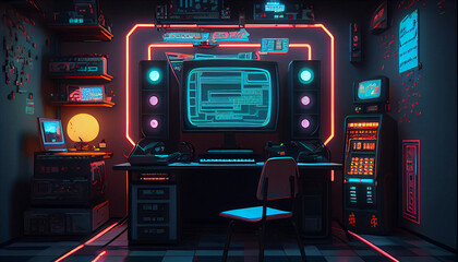 Professional Gamers Room With Ultra Powerful Personal Computer. Paused First-Person Shooter Game on Screen. Room Lit by Neon Lights in Retro Arcade Style. Ai generated image