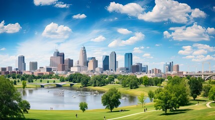 Downtown Omaha Skyline in Summer: Urban Cityscape with Panoramic View of Architecture and Buildings - obrazy, fototapety, plakaty
