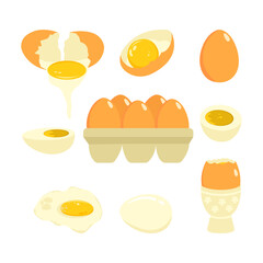 Eggs set. Raw, boiled and fried eggs. Tray with eggs.