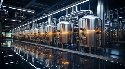 Dairy plant equipment stainless steel storage and process. Generative AI.