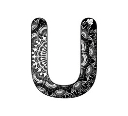 Vector design for adults. Contour black and white Capital English Letter U alphabet background  with ornamental mandala design
