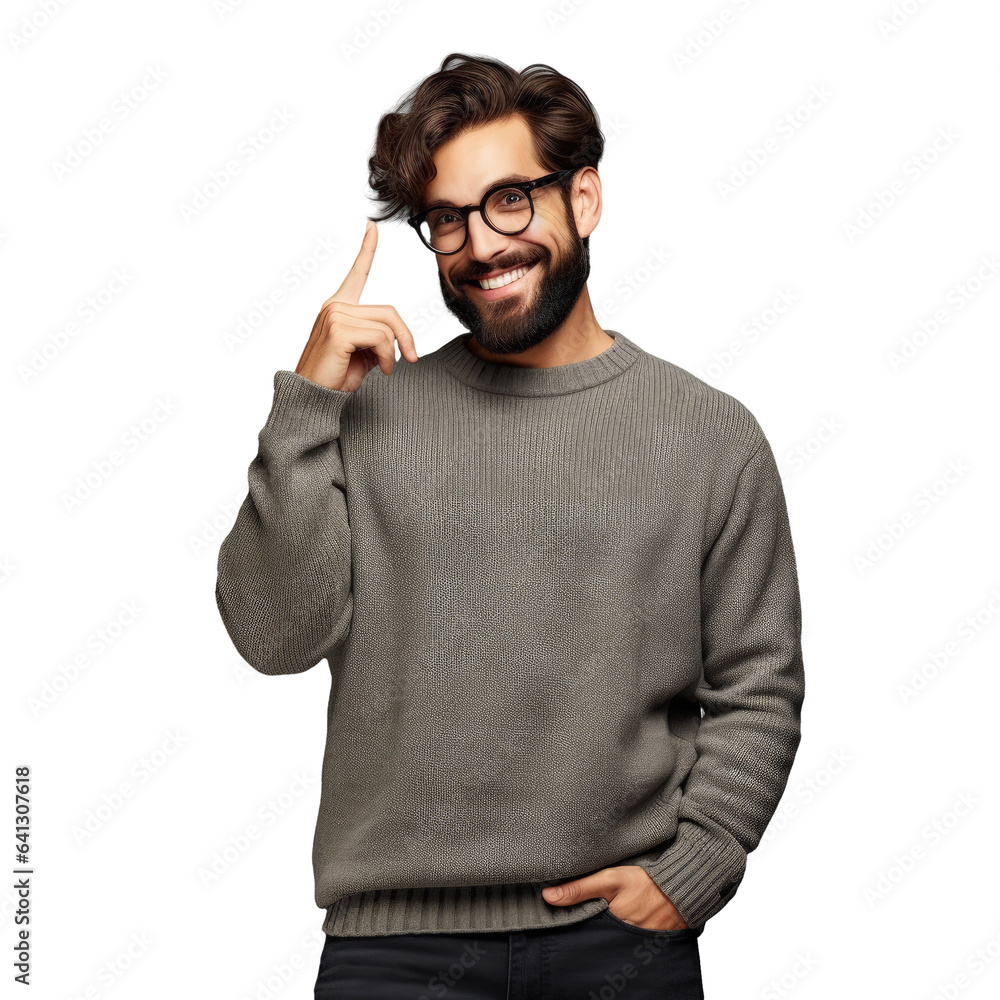 Poster Stylish young man with beard casual sweater glasses transparent background Smiling pointing to head with finger having a great idea and good memory