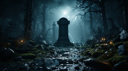 Dark tombstone marks spooky grave of old night horror. Generative AI. - obrazy, fototapety, plakaty