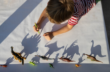 boy draws contrasting shadows from different figures of toy dinosaurs standing in row. little...