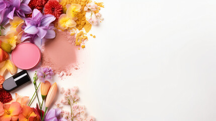 Different makeup products and flowers on white background