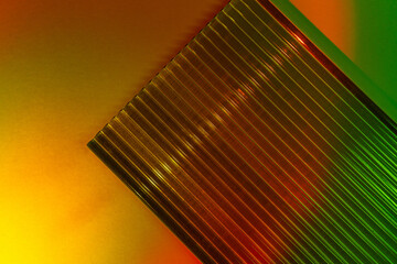 Red and green gradient light.  Podiums in neon lights on abstract background. Trendy geometric shapes. Mock up. Minimalism, 90s, 80s concept. close up