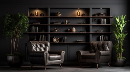 Modern interior details, upholstered furniture, and a dark classic wall serve as the backdrop for homes, offices, and other spaces.