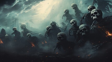 Banner with skeletal remains. An illustration of a spooky scene featuring apparitional skulls in a mist