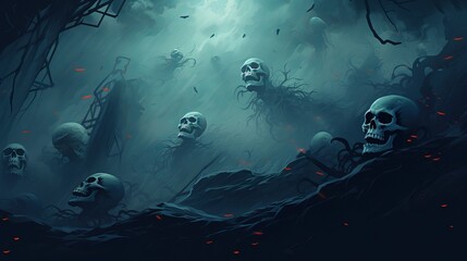 Banner with skeletal remains. An illustration of a spooky scene featuring apparitional skulls in a mist