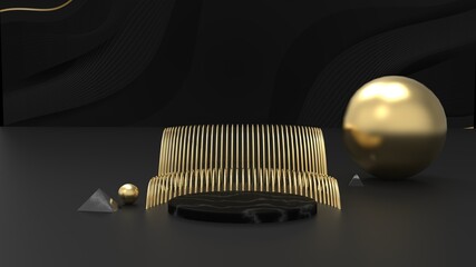 3D render of golden Black podium to display product. Cometic product display podium with white background. High resolution podium render for display product. Platform for cosmetic product showcase © Anadidev