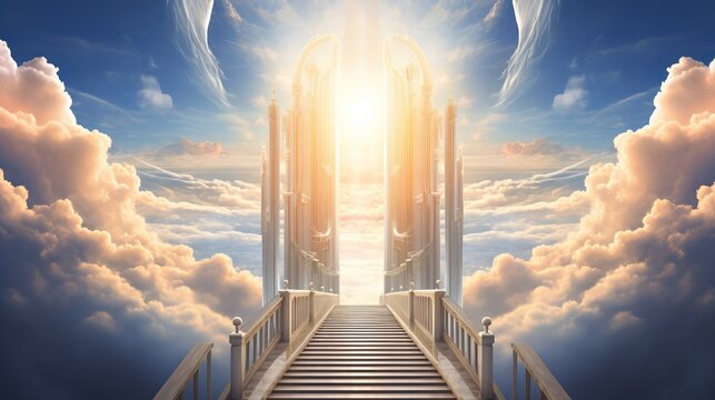 A painting of the opening of the heavenly doors, with the light of heaven in the background and the dark of the sky in the background.