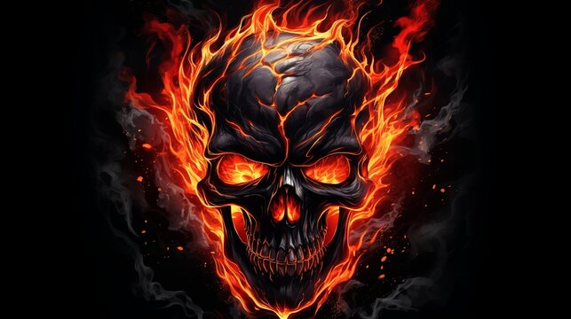 Skull in flames against a black background. Tattoo design