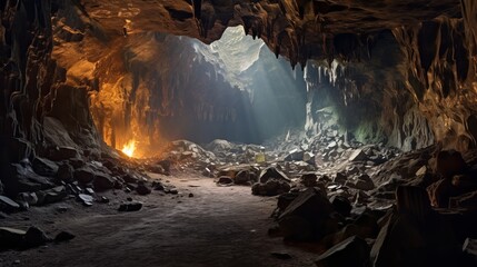 View from the ground inside a mysterious cave in Bulgaria, Davetashka. - obrazy, fototapety, plakaty
