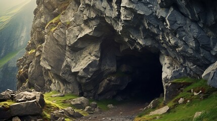 Mountain cave entrance is the entrance to a hidden cave in the mountains. - obrazy, fototapety, plakaty