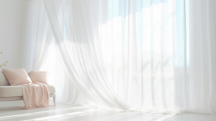 Fototapeta na wymiar white curtains in a bedroom HD photographic image wallpaper