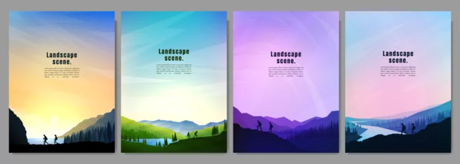 Fotobehang Vector illustration. Travel concept of discovering, exploring and observing nature. Hiking. Adventure tourism. Couple hikes together. Polygonal flat design for poster, magazine, book cover, flyer © VVadi4ka